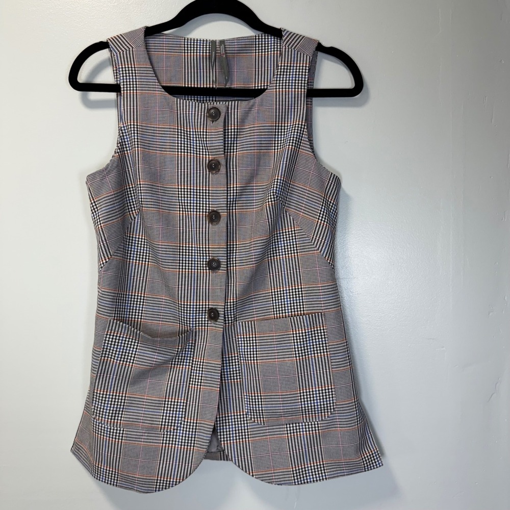 Anthropologie Glen Plaid Mod Sleeveless Button Front Vest Pockets XS NEW